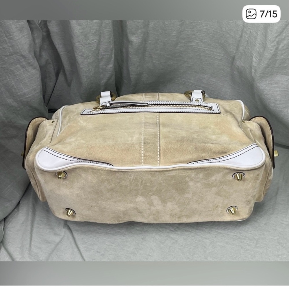 Vintage Coach Beige Suede and White Leather Handbag with Gold Accents - Picture 5 of 9